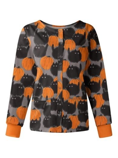 Black Cats with Pumpkin Halloween Scrub Jacket