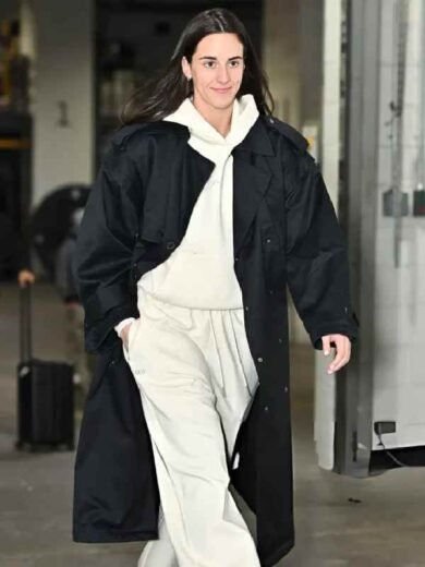 Fever vs Liberty Pregame Arrival Caitlin Clark Black Trench Coat