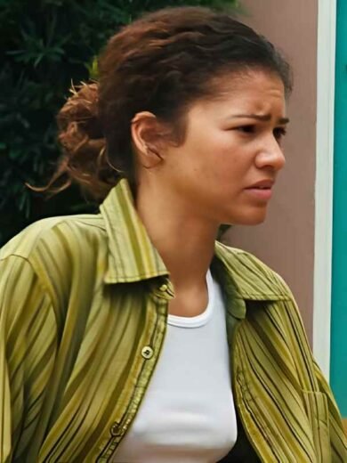 Euphoria S3 Zendaya Olive Green Striped Button Shirt