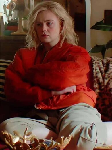 Margo’s Got Money Troubles 2026 Elle Fanning Orange Bomber Jacket
