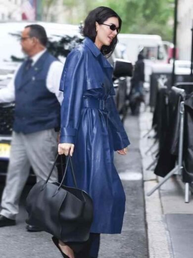 The Carlyle Kendall Jenner Blue Leather Trench Coat