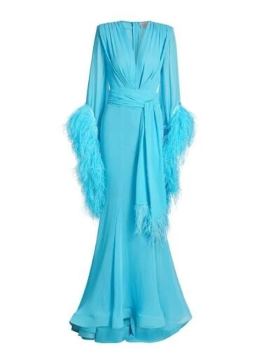 Real Housewives of Miami S7 Kiki Barth Blue Feather-Cuff Gown
