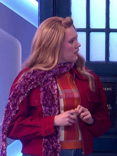 SNL UK 2026 Aimee Lou Wood Red Suede Jacket