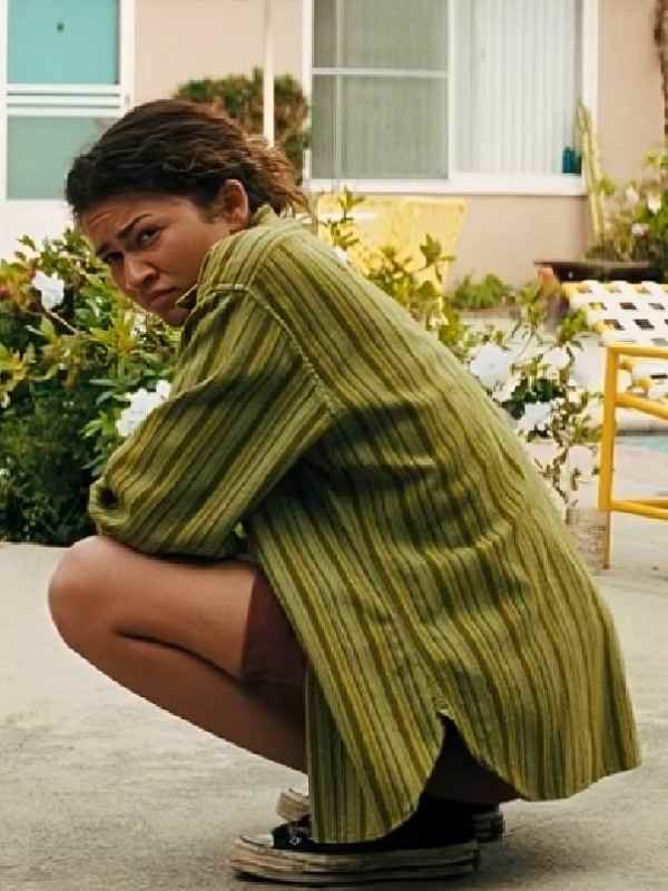 Euphoria S3 Zendaya Olive Green Striped Button Shirt