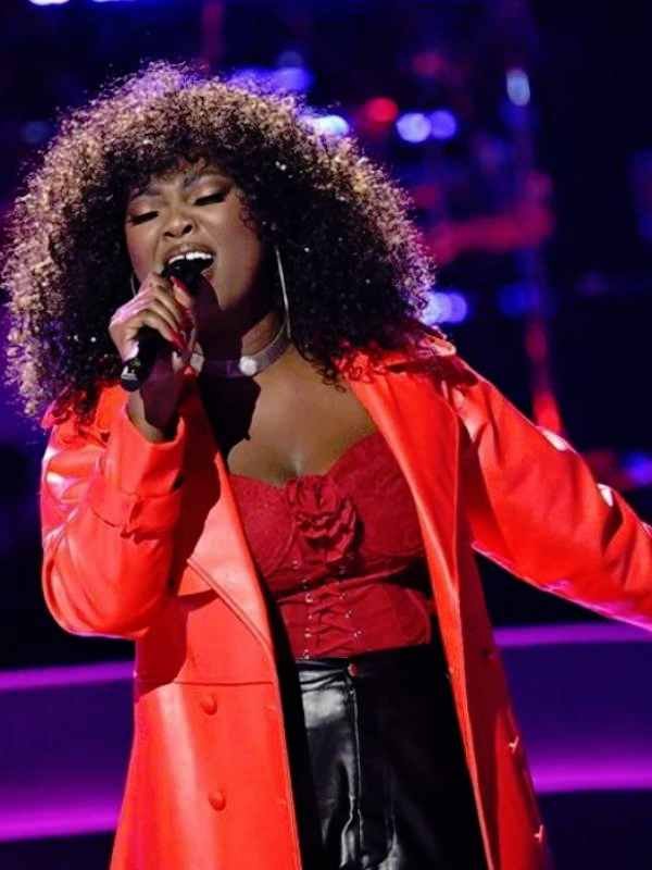 The Voice S29 Alexia Jayy Red Leather Trench Coat - Image 2