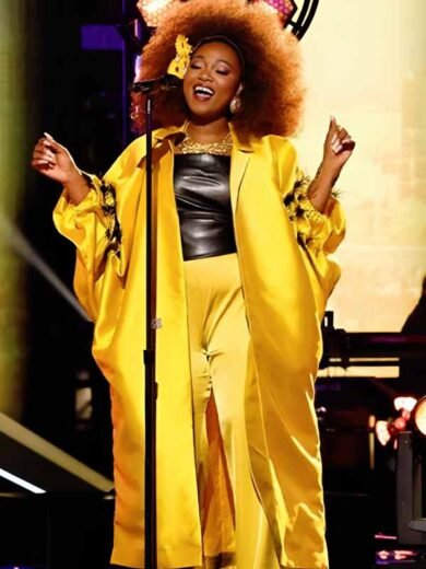 The Voice S29 Alexia Jayy Feather Trim Yellow Cape Coat