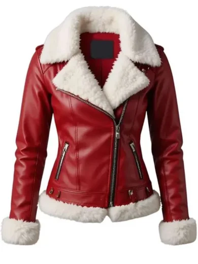 Women Red Christmas Shearling Leather Jacket