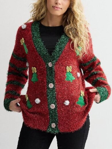 Elsbeth S3 Carrie Preston Red and Green Christmas Holiday Cardigan