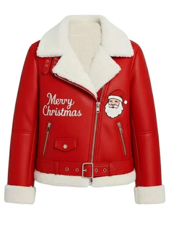 Merry Christmas Red Shearling Santa Leather Jacket